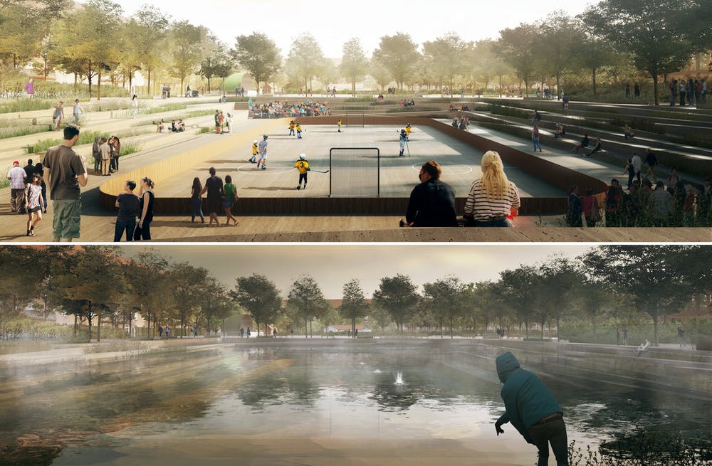 Artists representation of public infrastructure transformed by flooding