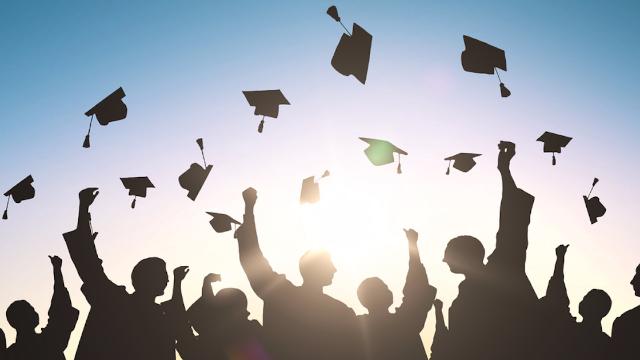 graphic of uni graduates throwing hats in air