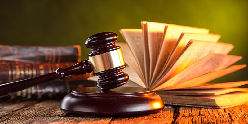 photo of judge's wooden hammer and a law book