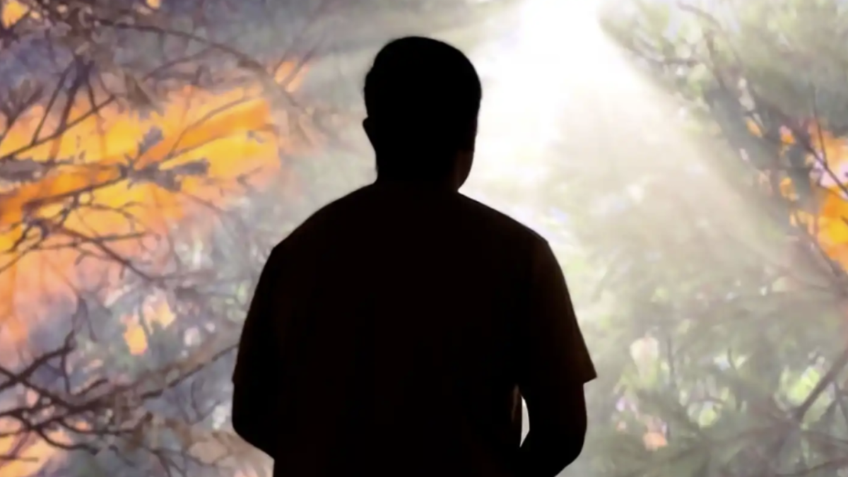 Silhouette of a man in front of trees that are aflame.